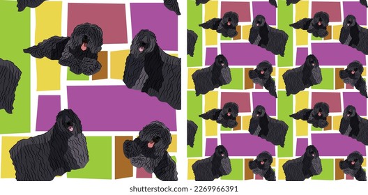 Puli dog summer bright wallpaper. Holiday abstract shapes square seamless background, repeatable pattern. Birthday wallpaper, Christmas present, print tiles. Simple puzzle with dogs, for pet lovers. 