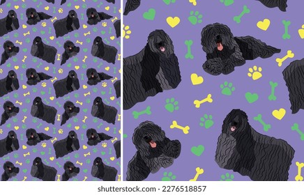 Puli dogs on a playful violet background with bones, hearts, paws. Funky, colorful vibe, vibrant palette. Simple, clean, modern texture. Summer seamless pattern with dogs. Birthday present.