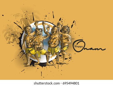 Puli Kali, tiger dance for Onam celebration, Hand Drawn Sketch Vector illustration. 