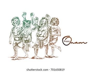 Puli Kali, tiger dance for Onam celebration, Hand Drawn Sketch Vector illustration. 