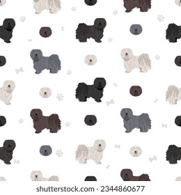 Puli seamless pattern. Different poses, coat colors set.  Vector illustration