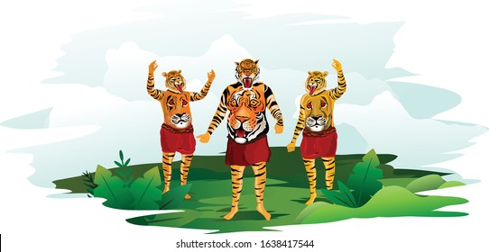 Pulikali Onam Celebration Dance Vector Drawing Design, Kerala Traditional Festival tiger Dance, Kerala Tourism concept vector Illustration, 