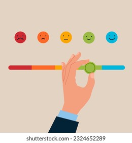 Pull the arrow to make bar to be excellent smile. Customer feedback, survey, opinion. Flat vector illustration