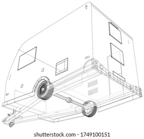 Pull behind camper. Wire-frame. Vector Illustration of Trailer. The layers of visible and invisible lines are separated. EPS10 format.