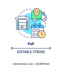 Pull Concept Icon. Eliminate Overproduction. Lean Manufacturing Key Principle Abstract Idea Thin Line Illustration. Isolated Outline Drawing. Editable Stroke. Arial, Myriad Pro-Bold Fonts Used