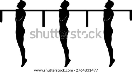 Pull up exercise silhouette set, man performing calisthenics on horizontal bar, strength training workout vector illustration for fitness, gym activity and bodyweight training