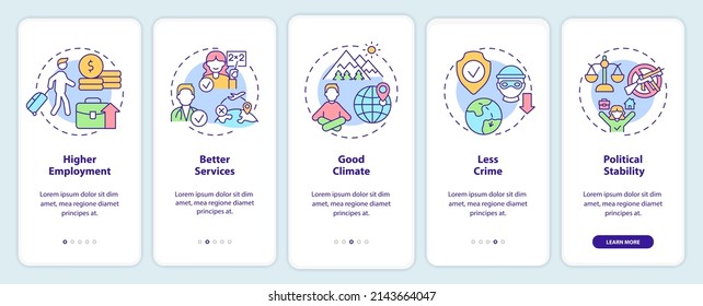 Pull factors for migration onboarding mobile app screen. Relocation walkthrough 5 steps graphic instructions pages with linear concepts. UI, UX, GUI template. Myriad Pro-Bold, Regular fonts used