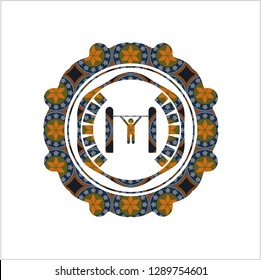 pull up icon inside arabic badge. Arabesque decoration.