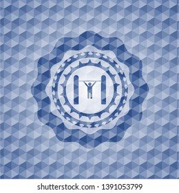pull up icon inside blue emblem with geometric background.