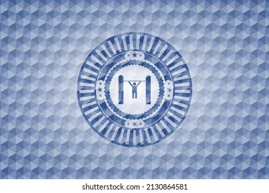 pull up icon inside blue emblem or badge with abstract geometric polygonal pattern background. 