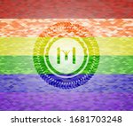 pull up icon inside emblem on mosaic background with the colors of the LGBT flag