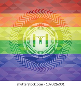 pull up icon inside emblem on mosaic background with the colors of the LGBT flag