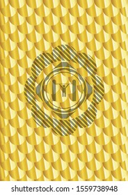 pull up icon inside gold shiny badge. Scales pattern. Vector Illustration. Detailed.