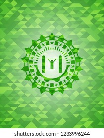 pull up icon inside green emblem with mosaic background