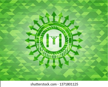 pull up icon inside green emblem with triangle mosaic background