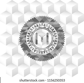 pull up icon inside grey emblem with geometric cube white background