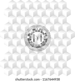 pull up icon inside grey emblem. Retro with geometric cube white background