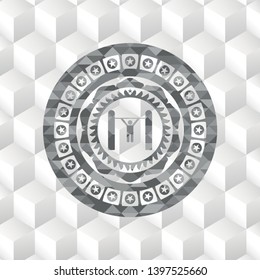 pull up icon inside grey emblem with geometric cube white background