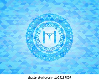 pull up icon inside light blue emblem with triangle mosaic background