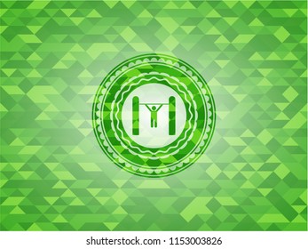 pull up icon inside realistic green emblem. Mosaic background