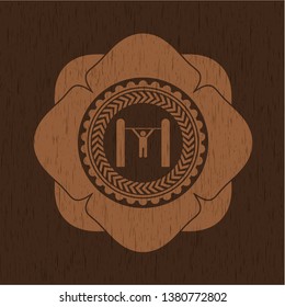 pull up icon inside realistic wooden emblem