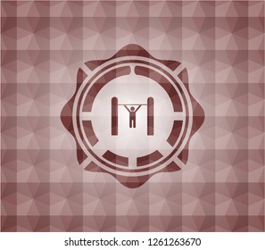 pull up icon inside red polygonal badge. Seamless.