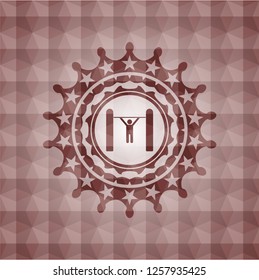 pull up icon inside red seamless emblem with geometric pattern background.