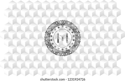 pull up icon inside retro style grey emblem with geometric cube white background