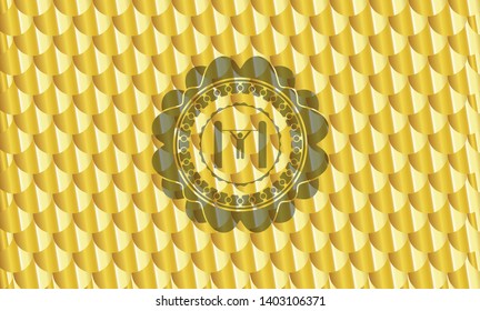 pull up icon inside shiny golden badge. Scales pattern. Vector Illustration. Detailed.