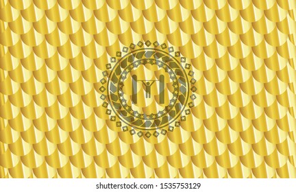 pull up icon inside shiny golden badge. Scales pattern. Vector Illustration. Detailed.