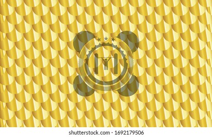 pull up icon inside shiny golden emblem. Scales pattern. Vector Illustration. Detailed.