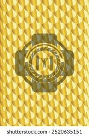 pull up icon inside shiny golden badge. Scales pattern. Vector Illustration. Detailed. 