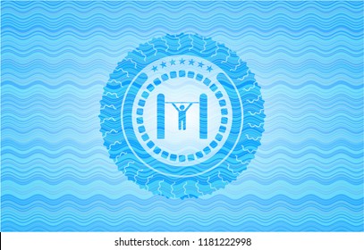 pull up icon inside sky blue water wave emblem background.