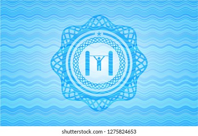 pull up icon inside sky blue water emblem background.