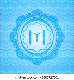 pull up icon inside sky blue water wave emblem.