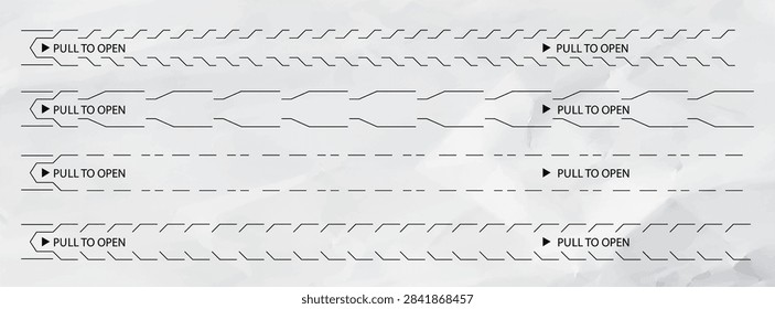 Pull to open tear strip set with perforated lines for easy package opening. Vector icons showing dotted cut-here guides on boxes, paper envelopes and carton packaging designs. Isolated illustrations.