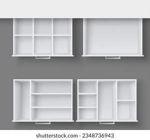 Pull out sliding box inner container isolated realistic set with view from above and different quantity of section vector illustration