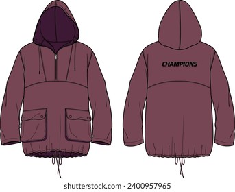 Revestir el parabrisas Diseño de la chaqueta Hoodie Esbozo plano Ilustración, Chaqueta de utilidad Hooded con vista frontal y posterior, chaqueta de invierno para hombres y mujeres. para correr, desgaste y entrenamiento en invierno