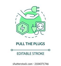 Icono de concepto verde de los enchufes. Ahorra energía. La prevención de los cambios climáticos es una idea abstracta ilustrativa de línea delgada. Dibujo de contorno aislado. Trazo editable. Fuentes Roboto-Medium, Myriad Pro-Bold utilizadas
