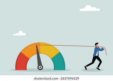 Pull skill level, credit score or performance improvement, improvement or effort to be better, excellent customer feedback review, measuring scale rating concept, businessman pulling skill performance