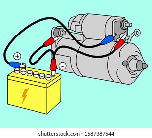 Pull in test motor starter design illustration. Weight pull in test motor spare part with battery for electrical and mechanical education. Vector grpahic
