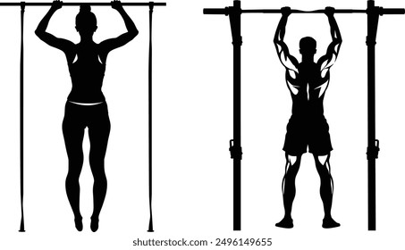 Pull Ups Silhouette, Pull Up Übung Silhouette, Mann Frau tun Pull-ups. Isolierte schwarze Silhouette einer Frau, die auf weißem Hintergrund zieht.