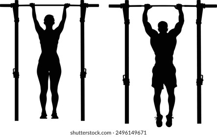 Pull Ups Silhouette, Pull Up Exercise Silhouette, Man woman doing pull ups. Isolated black silhouette of a Man woman doing pull up on white background.