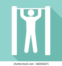 Pull up vector icon with long shadow. White illustration isolated on green background for graphic and web design. weight lifting flat