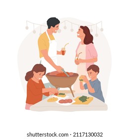 Ilustración vectorial del concepto abstracto del pollo extraído. Fiesta familiar de domingo BBQ, tiempo de ocio en el patio trasero, niños haciendo hamburguesas de pollo tiradas, parrilladas de padres, comiendo metáfora abstracta al aire libre.