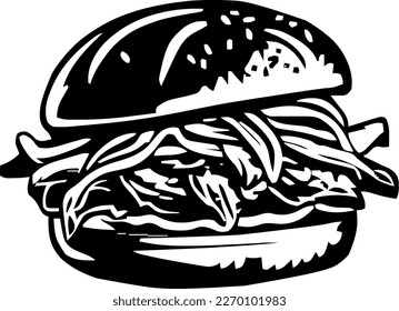 Pulled pork sandwich, food, isolated, vintage drawing, vector illustration, black color