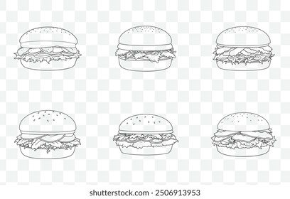 Pulled Pork Sandwich Line Art Vector Set with Multiple Views and Detailed Illustrations