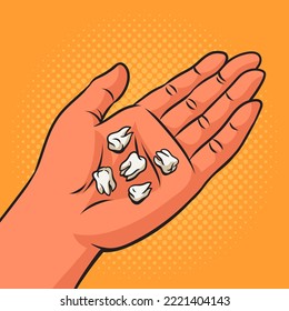 Poniendo dientes en la mano pinturas de arte pop retro ilustración vectorial. La imitación al estilo de un libro de historietas.