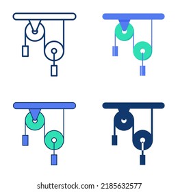 Pulley block system in physics icon set in flat and line style. Newtonian mechanics problem. Vector illustration.