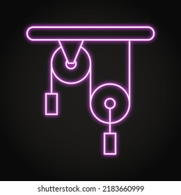 Pulley block system in physics neon icon. Newtonian mechanics problem. Vector illustration.